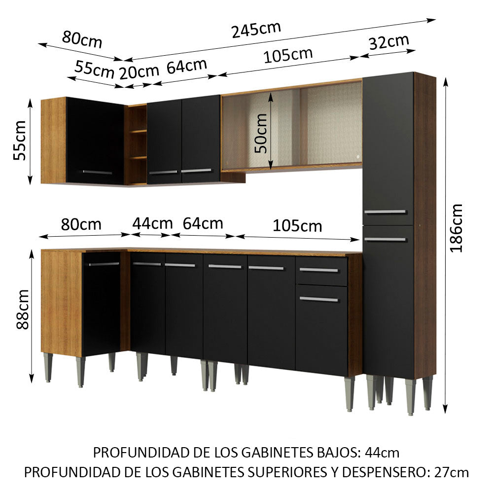 Combo completo de Cocina Esquinera 325 cm 13 Puertas 1 Cajón Marrón/Negro Emilly Madesa 03