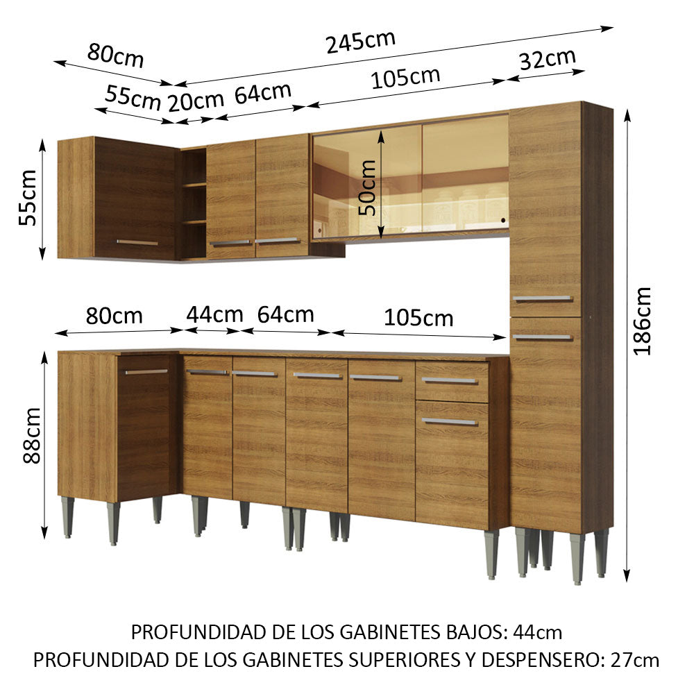 Combo completo de Cocina Esquinera 325 cm 13 Puertas 1 Cajón Marrón Emilly Madesa 04