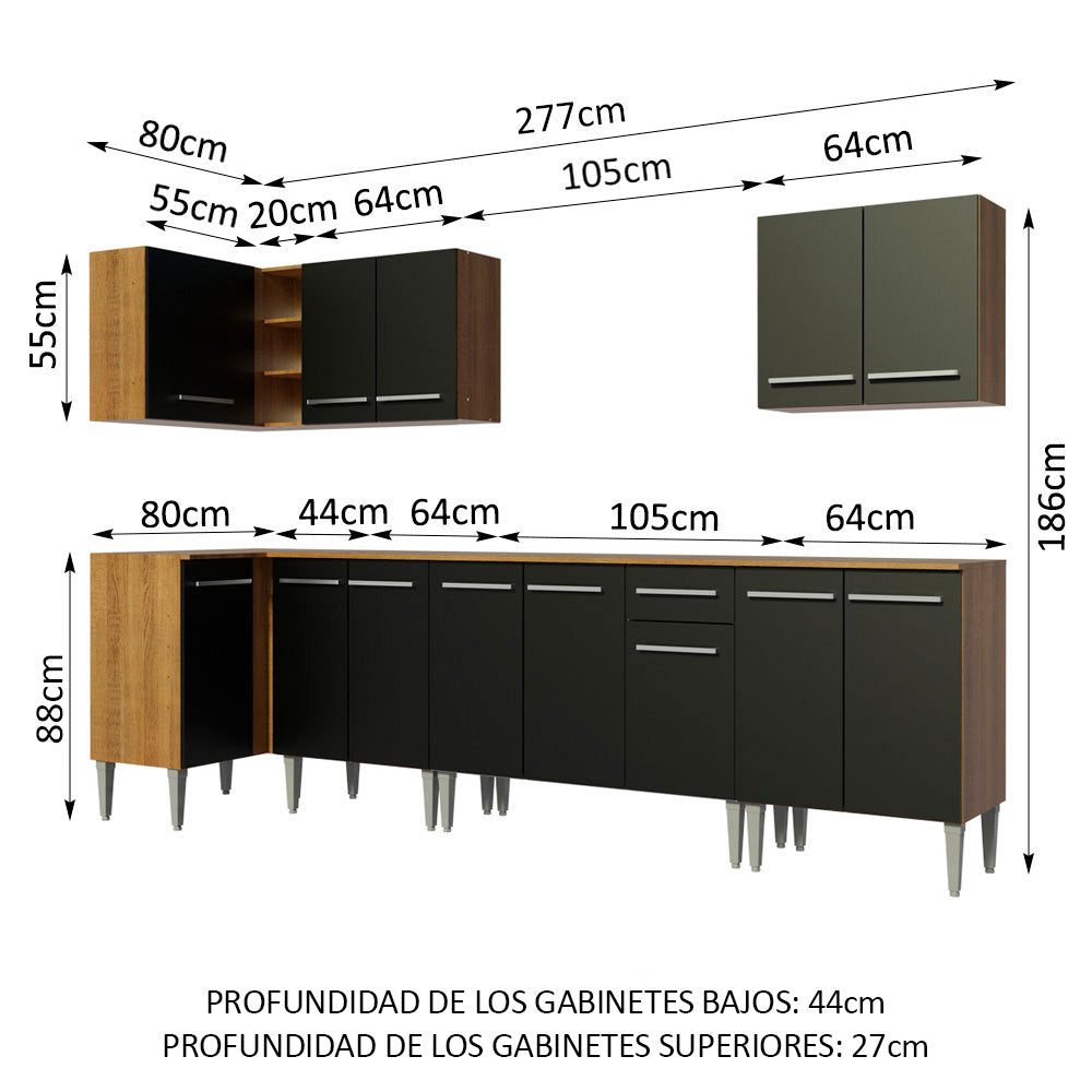 Combo completo de Cocina Esquinera 357 cm 13 Puertas 1 Cajón Marrón/Negro Emilly Madesa