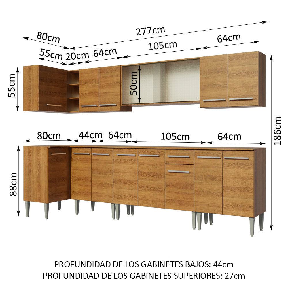 Combo completo de Cocina Esquinera 357 cm 15 Puertas 1 Cajón Marrón Emilly Madesa 02