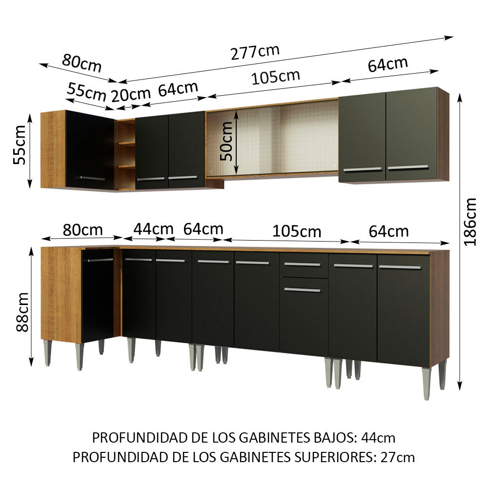 Combo completo de Cocina Esquinera 357 cm 15 Puertas 1 Cajón Marrón/Negro Emilly Madesa 02