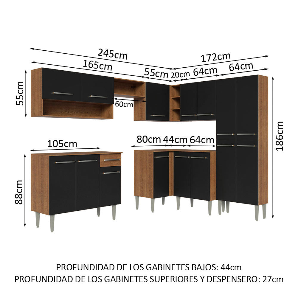 Combo completo de Cocina Esquinera 417 cm 15 Puertas 1 Cajón Marrón/Negro Emilly Madesa