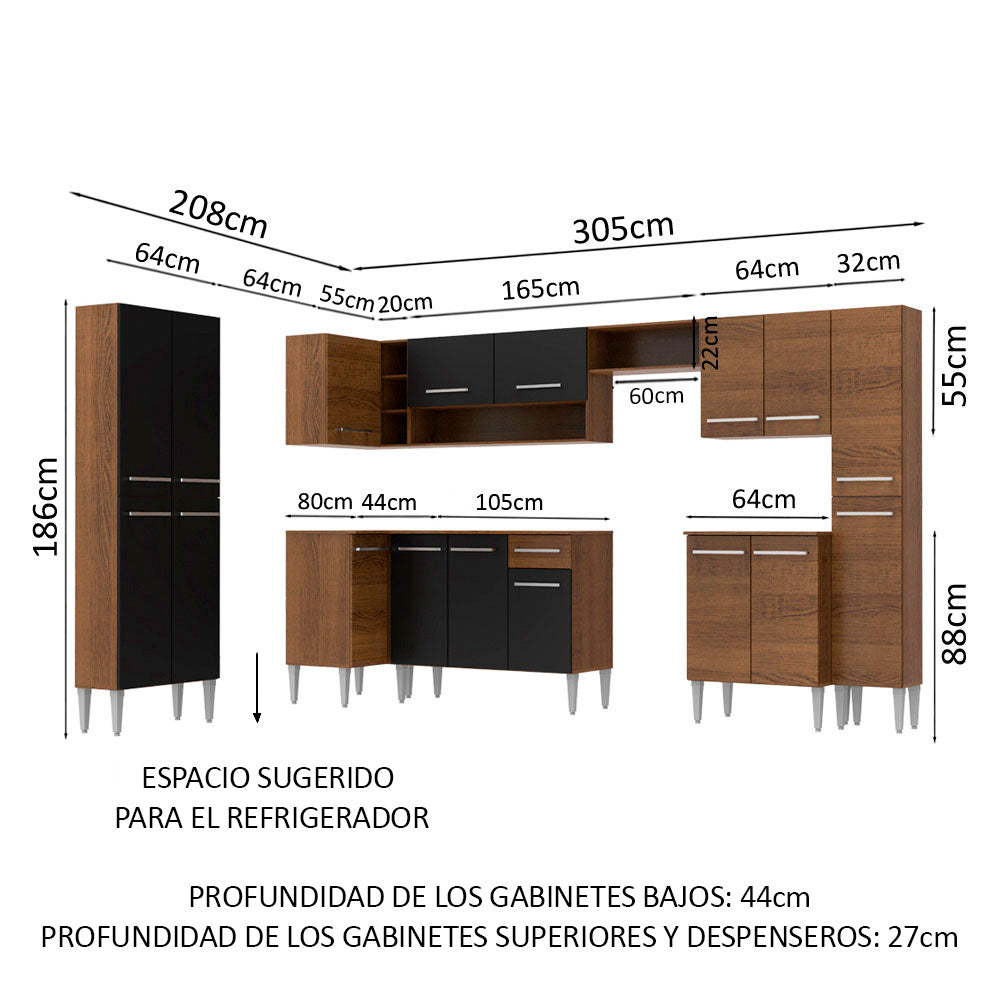 Combo completo de Cocina Esquinera 513cm Emilly Live Madesa 01 - Marrón/Negro