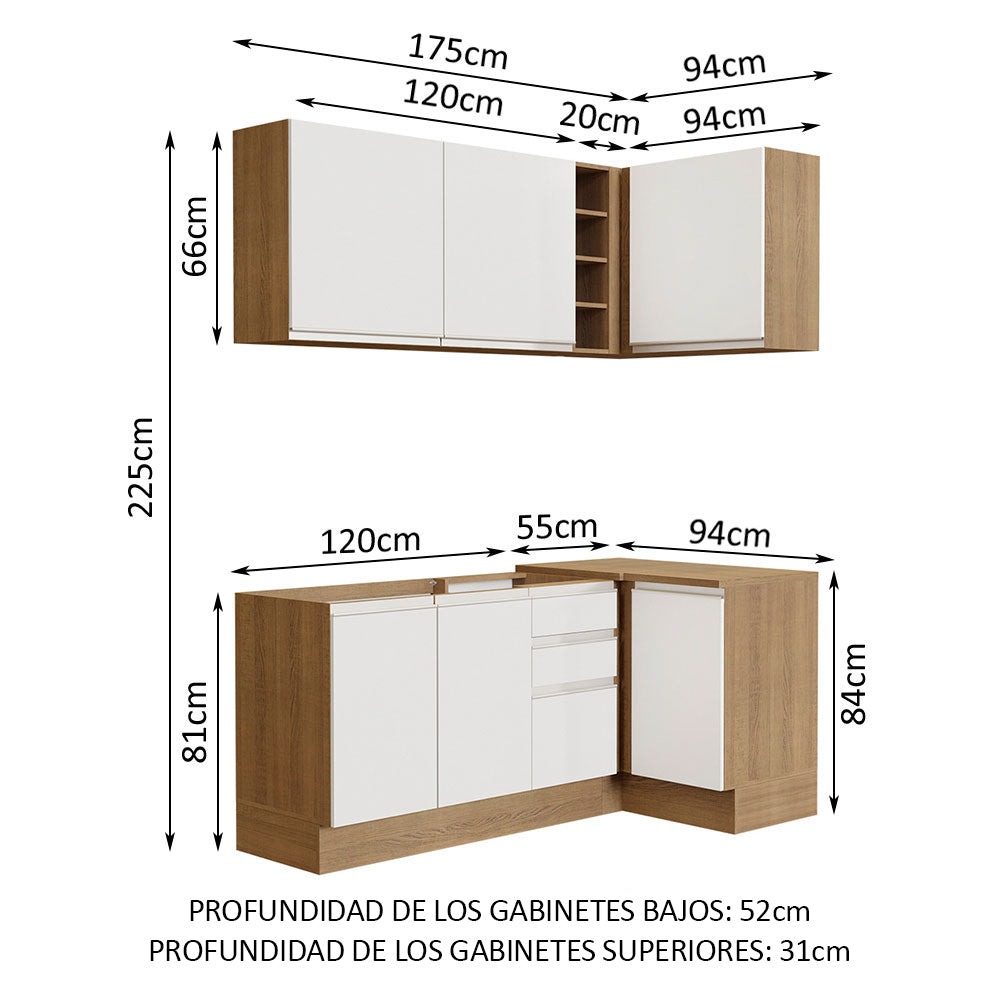 Combo completo de Cocina Esquinera 269 cm 6 Puertas 3 Cajones Sin Mesada Marrón/Blanco Glamy Madesa