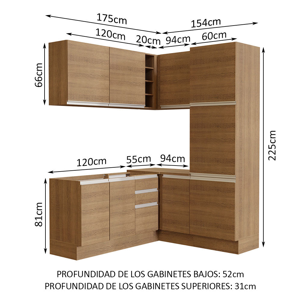 Combo completo de Cocina Esquinera 329 cm 9 Puertas 3 Cajones Sin Mesada Marrón Glamy Madesa