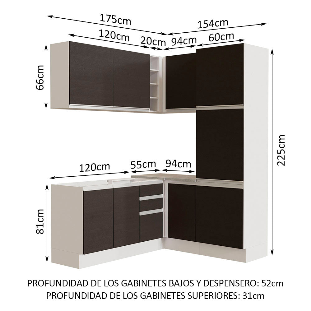 Combo completo de Cocina Esquinera 329 cm 9 Puertas 3 Cajones Sin Mesada Blanco/Negro Glamy Madesa