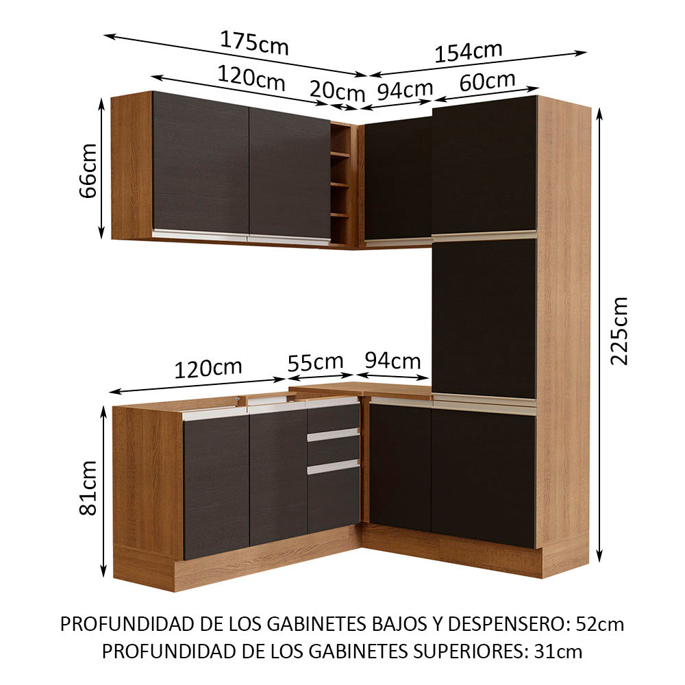 Combo completo de Cocina Esquinera 329 cm 9 Puertas 3 Cajones Sin Mesada Marrón/Negro Glamy Madesa
