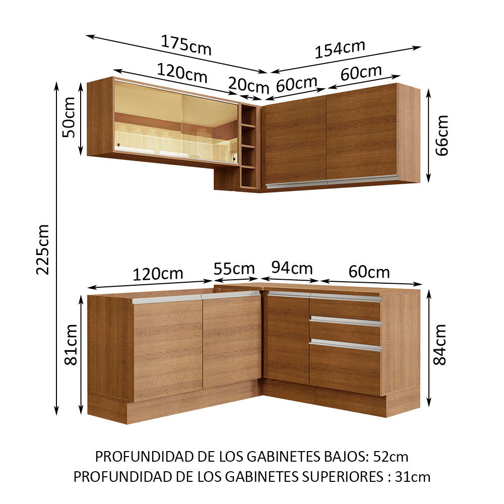 Combo completo de Cocina Esquinera 329 cm 7 Puertas 3 Cajones Sin Mesada Marrón Glamy Madesa