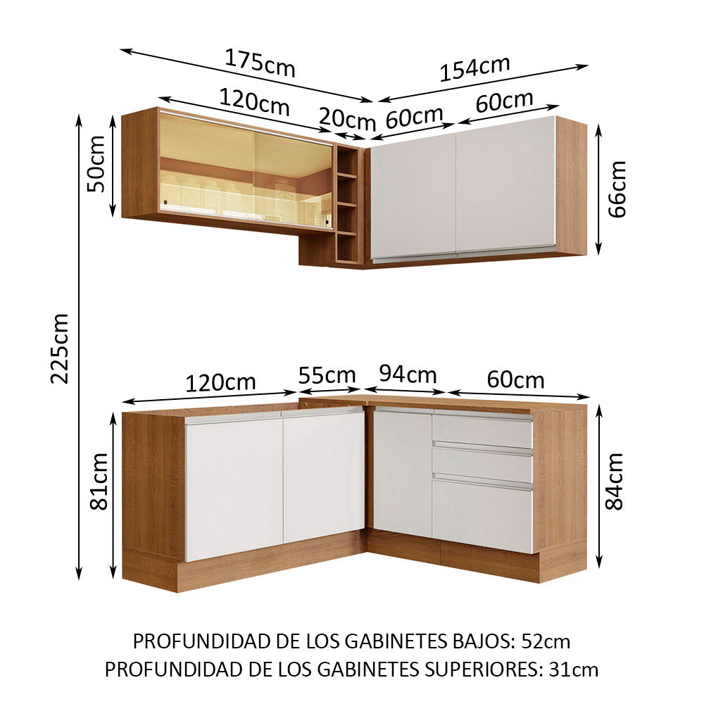 Combo completo de Cocina Esquinera 329 cm 7 Puertas 3 Cajones Sin Mesada Marrón/Blanco Glamy Madesa