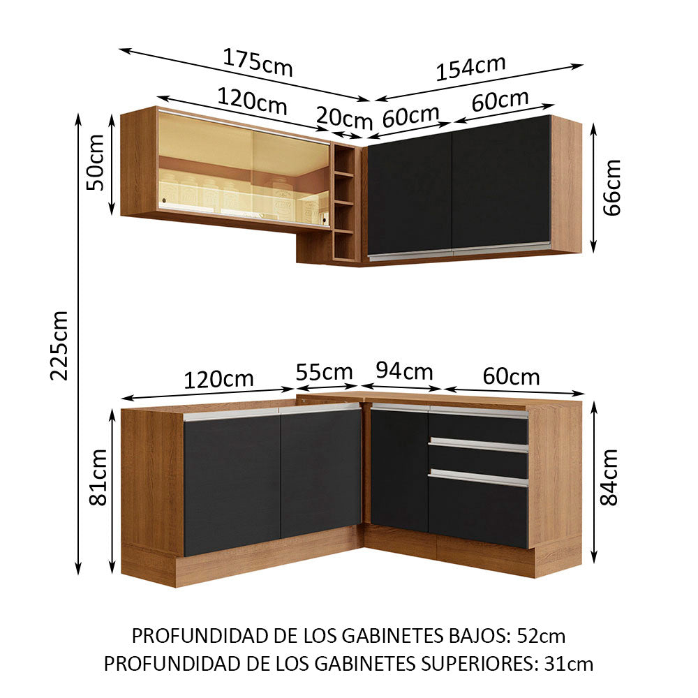 Combo completo de Cocina Esquinera 329cm Glamy Madesa 02 Marrón/Negro