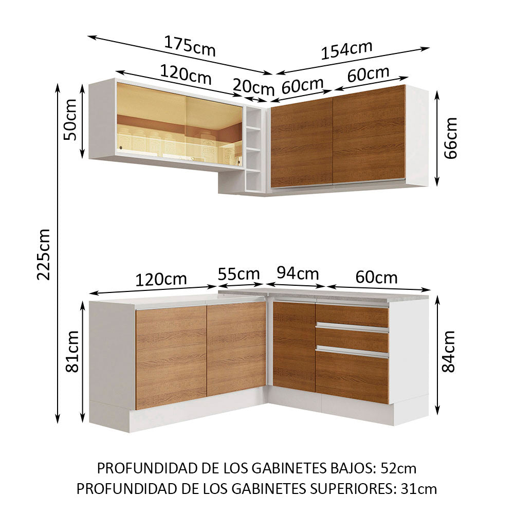 Combo completo de Cocina Esquinera 329cm Glamy Madesa 02 Blanco/Marrón