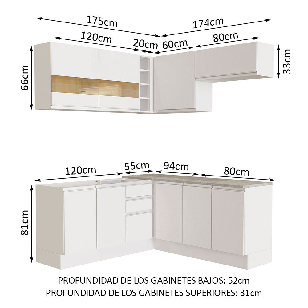 Combo completo de Cocina Esquinera 349 cm 9 Puertas 3 Cajones Sin Mesada Blanco Glamy Madesa