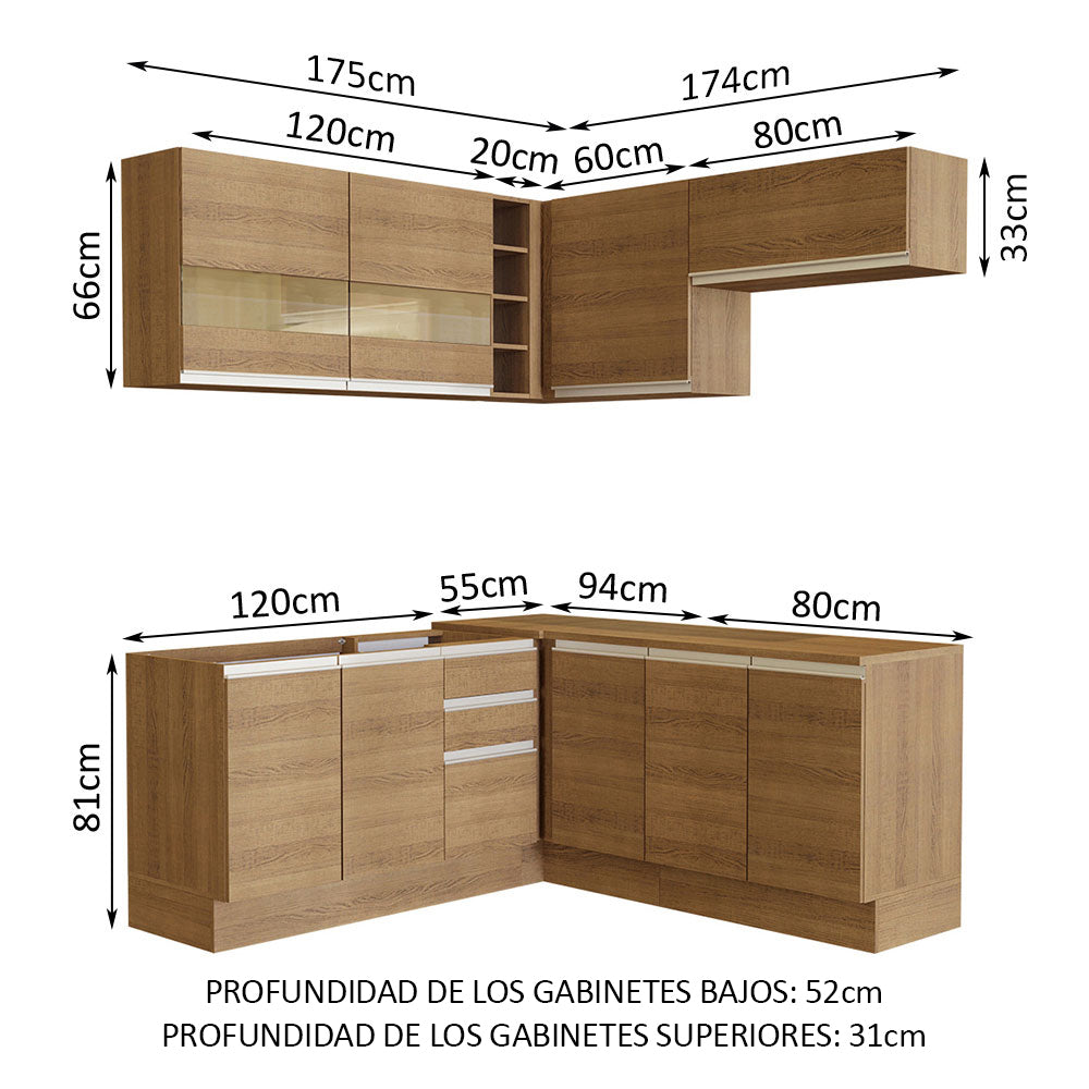 Combo completo de Cocina Esquinera 349 cm 9 Puertas 3 Cajones Sin Mesada Marrón Glamy Madesa