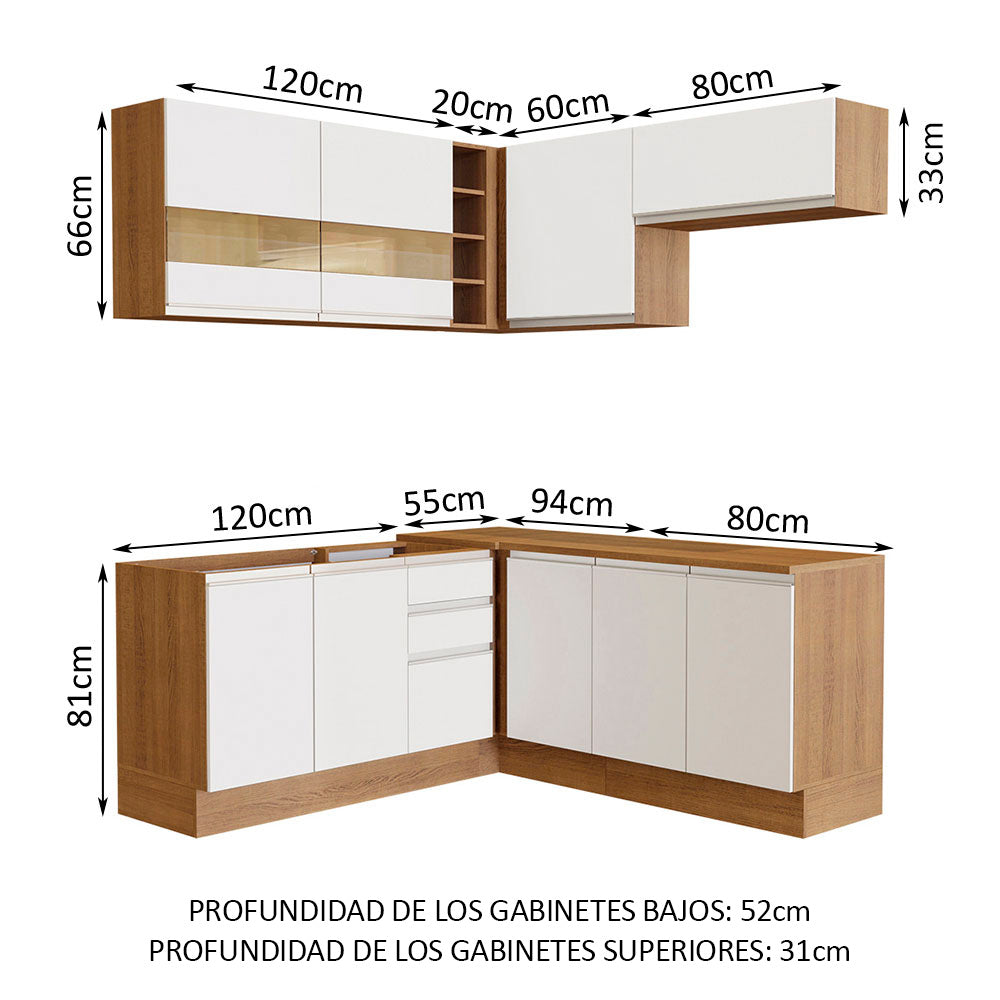 Combo completo de Cocina Esquinera 349 cm 9 Puertas 3 Cajones Sin Mesada Marrón/Blanco Glamy Madesa