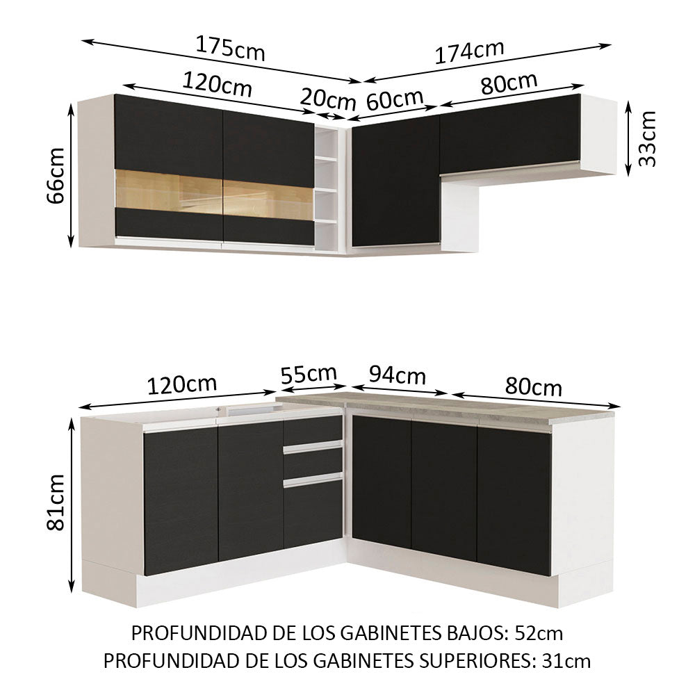 Combo completo de Cocina Esquinera 349 cm 9 Puertas 3 Cajones Sin Mesada Blanco/Negro Glamy Madesa