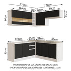 Combo completo de Cocina Esquinera 349 cm 9 Puertas 3 Cajones Sin Mesada Blanco/Negro Glamy Madesa