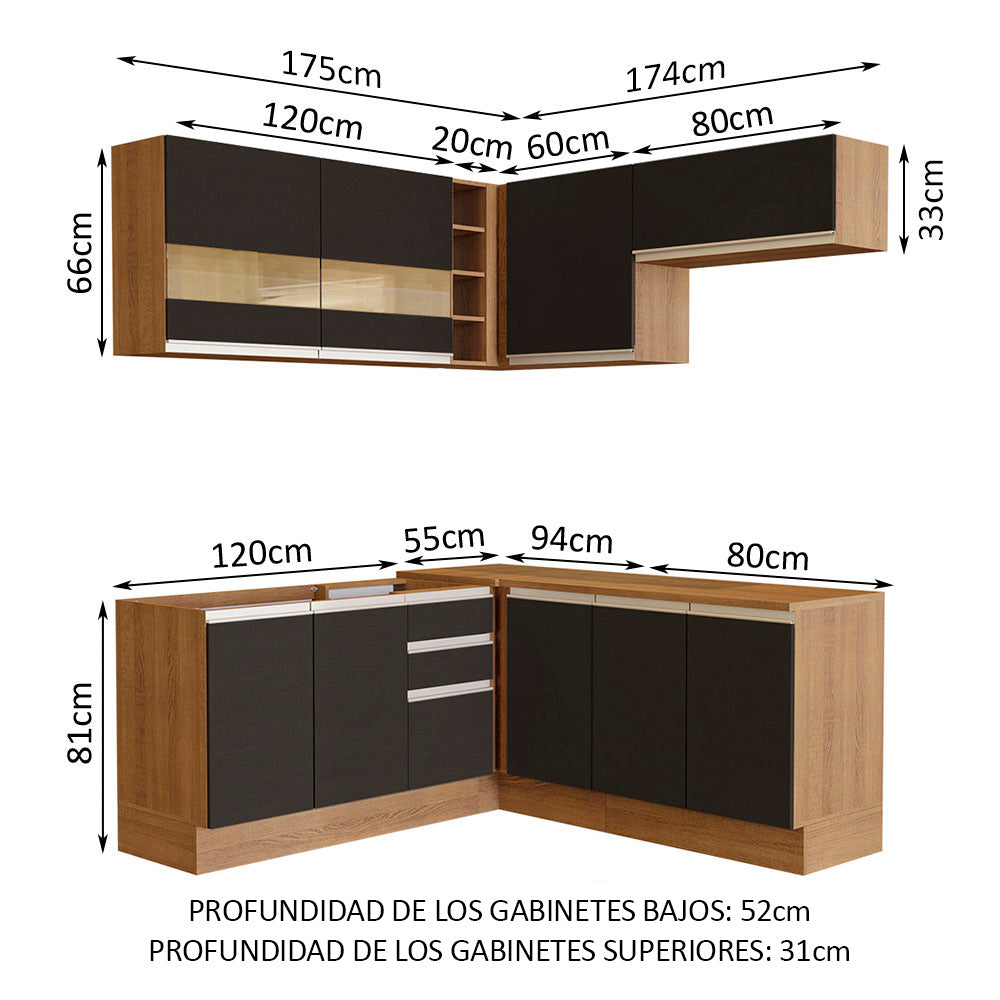 Combo completo de Cocina Esquinera 349 cm 9 Puertas 3 Cajones Sin Mesada Marrón/Negro Glamy Madesa