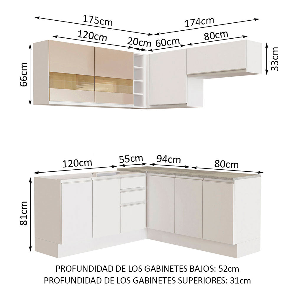 Combo completo de Cocina Esquinera 349 cm 9 Puertas 3 Cajones Sin Mesada Blanco/Crema Glamy Madesa