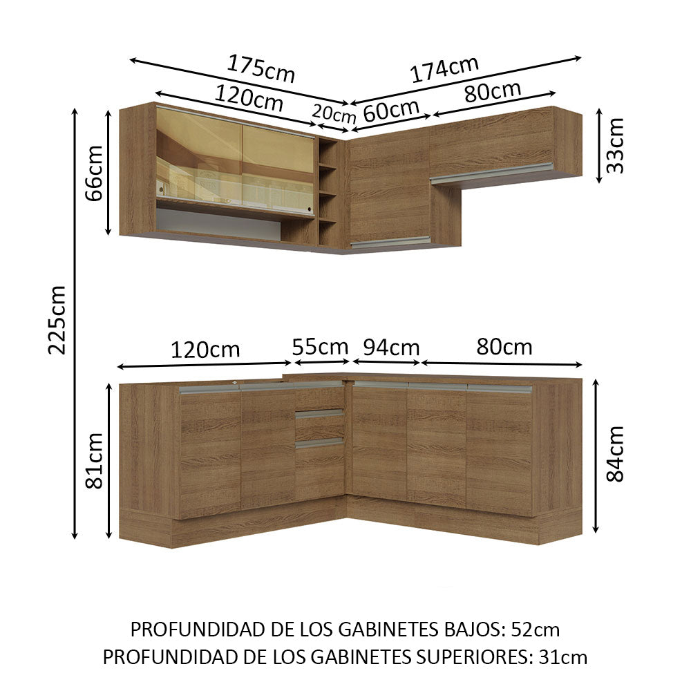 Combo completo de Cocina Esquinera 349 cm 9 Puertas 3 Cajones Sin Mesada Marrón Glamy Madesa