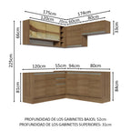 Combo completo de Cocina Esquinera 349 cm 9 Puertas 3 Cajones Sin Mesada Marrón Glamy Madesa