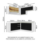 Combo completo de Cocina Esquinera 349 cm 9 Puertas 3 Cajones Sin Mesada Blanco/Negro Glamy Madesa
