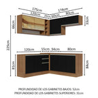 Combo completo de Cocina Esquinera 349 cm 9 Puertas 3 Cajones Sin Mesada Marrón/Negro Glamy Madesa