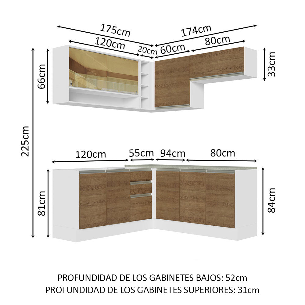 Combo completo de Cocina Esquinera 349 cm 9 Puertas 3 Cajones Sin Mesada Blanco/Marrón Glamy Madesa 02