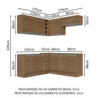 Combo completo de Cocina Esquinera 349 cm 9 Puertas 3 Cajones Sin Mesada Marrón Glamy Madesa 03