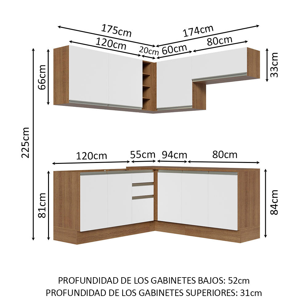 Combo completo de Cocina Esquinera 349 cm 9 Puertas 3 Cajones Sin Mesada Marrón/Blanco Glamy Madesa