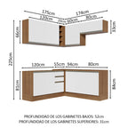 Combo completo de Cocina Esquinera 349 cm 9 Puertas 3 Cajones Sin Mesada Marrón/Blanco Glamy Madesa