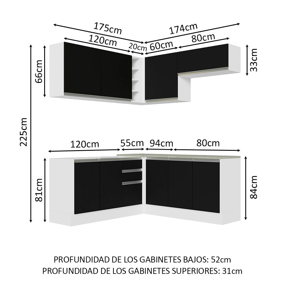 Combo completo de Cocina Esquinera 349 cm 9 Puertas 3 Cajones Sin Mesada Blanco/Negro Glamy Madesa