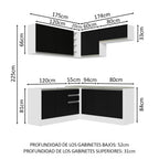 Combo completo de Cocina Esquinera 349 cm 9 Puertas 3 Cajones Sin Mesada Blanco/Negro Glamy Madesa
