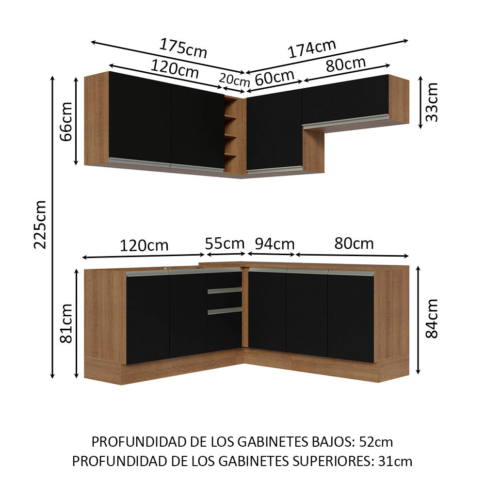 Combo completo de Cocina Esquinera 349 cm 9 Puertas 3 Cajones Sin Mesada Marrón/Negro Glamy Madesa 03
