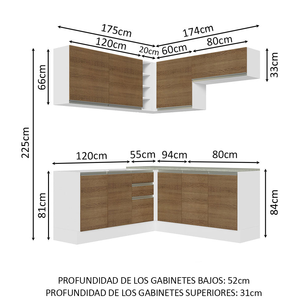 Combo completo de Cocina Esquinera 349 cm 9 Puertas 3 Cajones Sin Mesada Blanco/Marrón Glamy Madesa