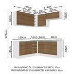 Combo completo de Cocina Esquinera 349 cm 9 Puertas 3 Cajones Sin Mesada Blanco/Marrón Glamy Madesa