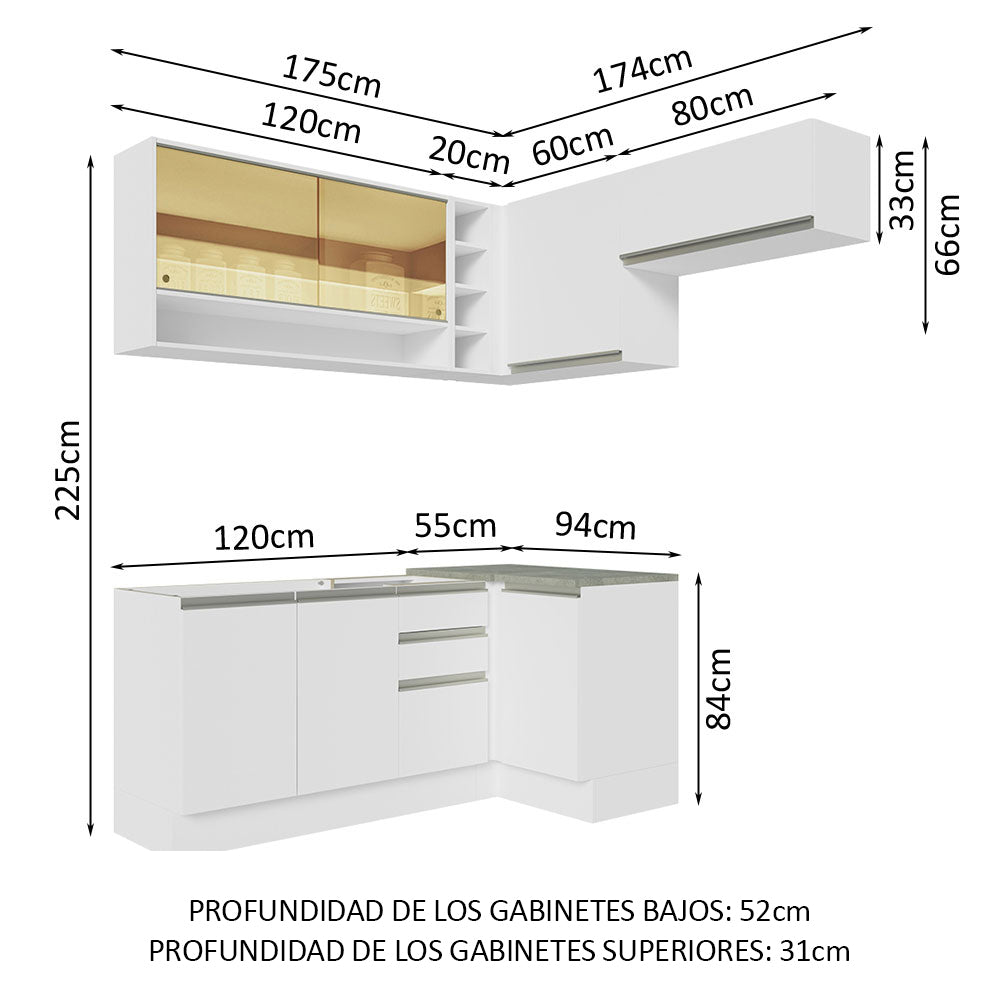 Combo completo de Cocina Esquinera 349 cm 7 Puertas 3 Cajones Sin Mesada Blanco Glamy Madesa