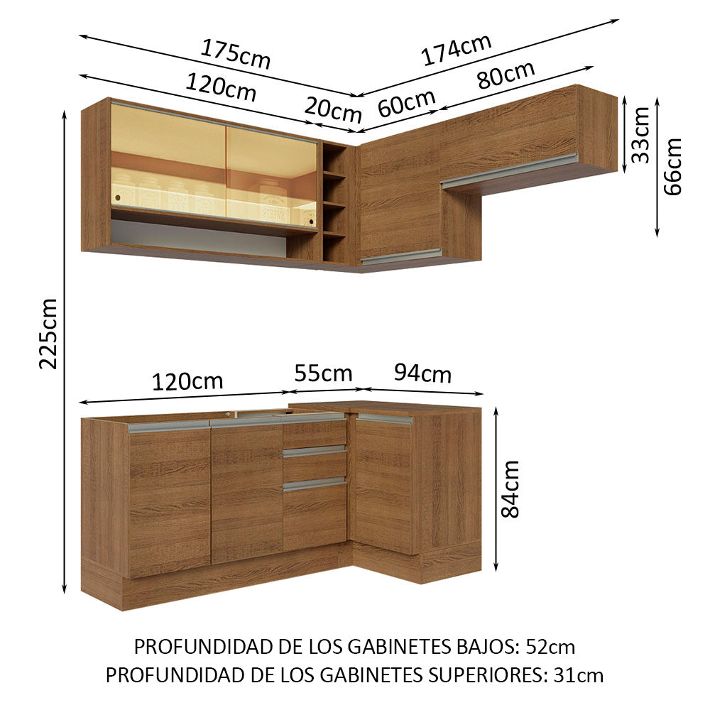 Combo completo de Cocina Esquinera 349 cm 7 Puertas 3 Cajones Sin Mesada Marrón Glamy Madesa
