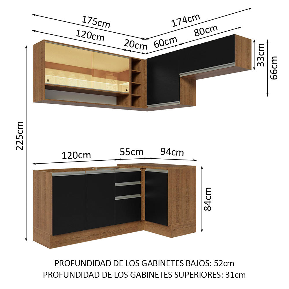 Combo completo de Cocina Esquinera 349cm Marrón/Negro Glamy Madesa 06