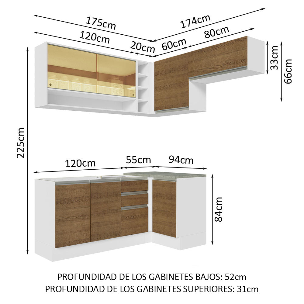 Combo completo de Cocina Esquinera 349 cm 7 Puertas 3 Cajones Sin Mesada Blanco/Marrón Glamy Madesa