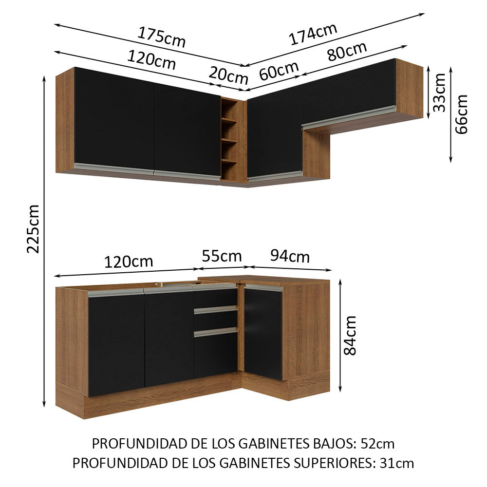 Combo completo de Cocina Esquinera 349cm Marrón/Negro Glamy Madesa 07