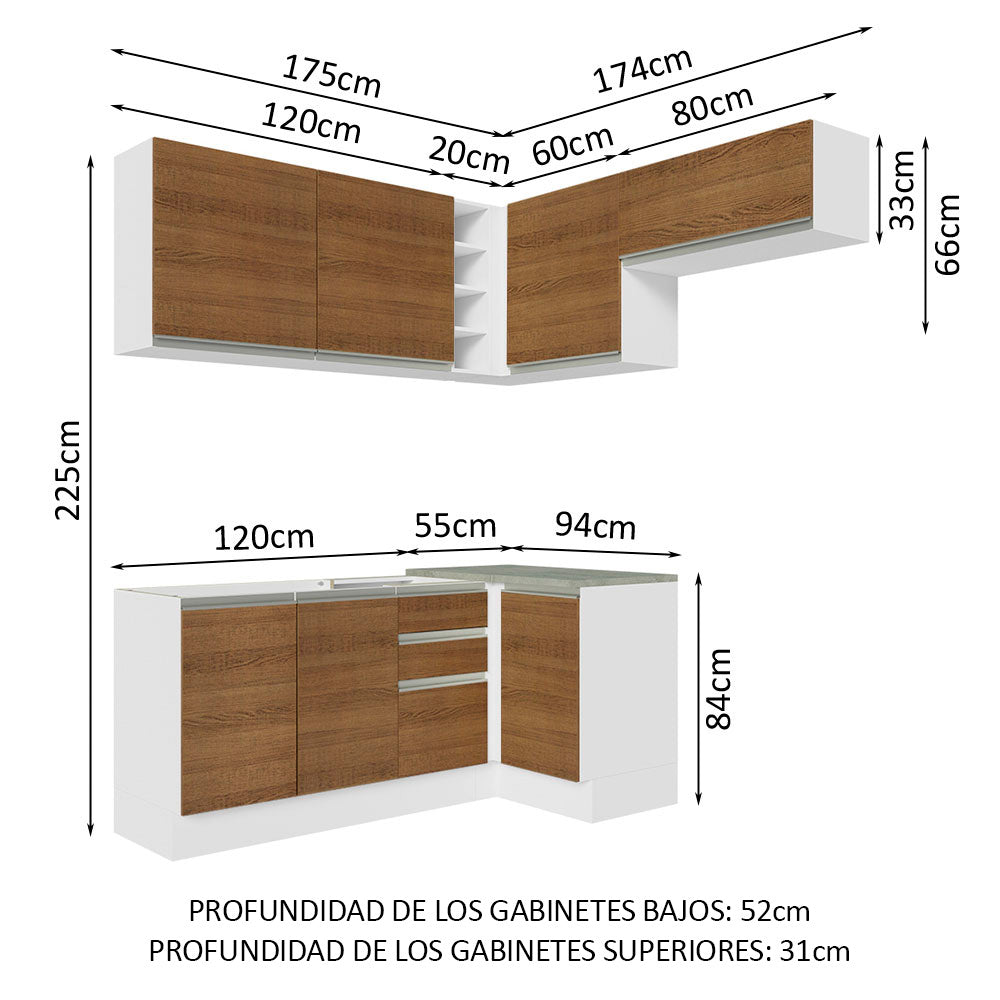 Combo completo de Cocina Esquinera 349 cm 7 Puertas 3 Cajones Sin Mesada Blanco/Marrón Glamy Madesa