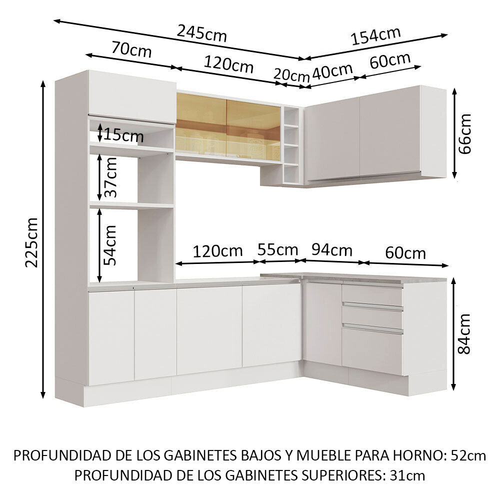 Combo completo de Cocina Esquinera 399 cm 10 Puertas 3 Cajones Sin Mesada Blanco Glamy Madesa