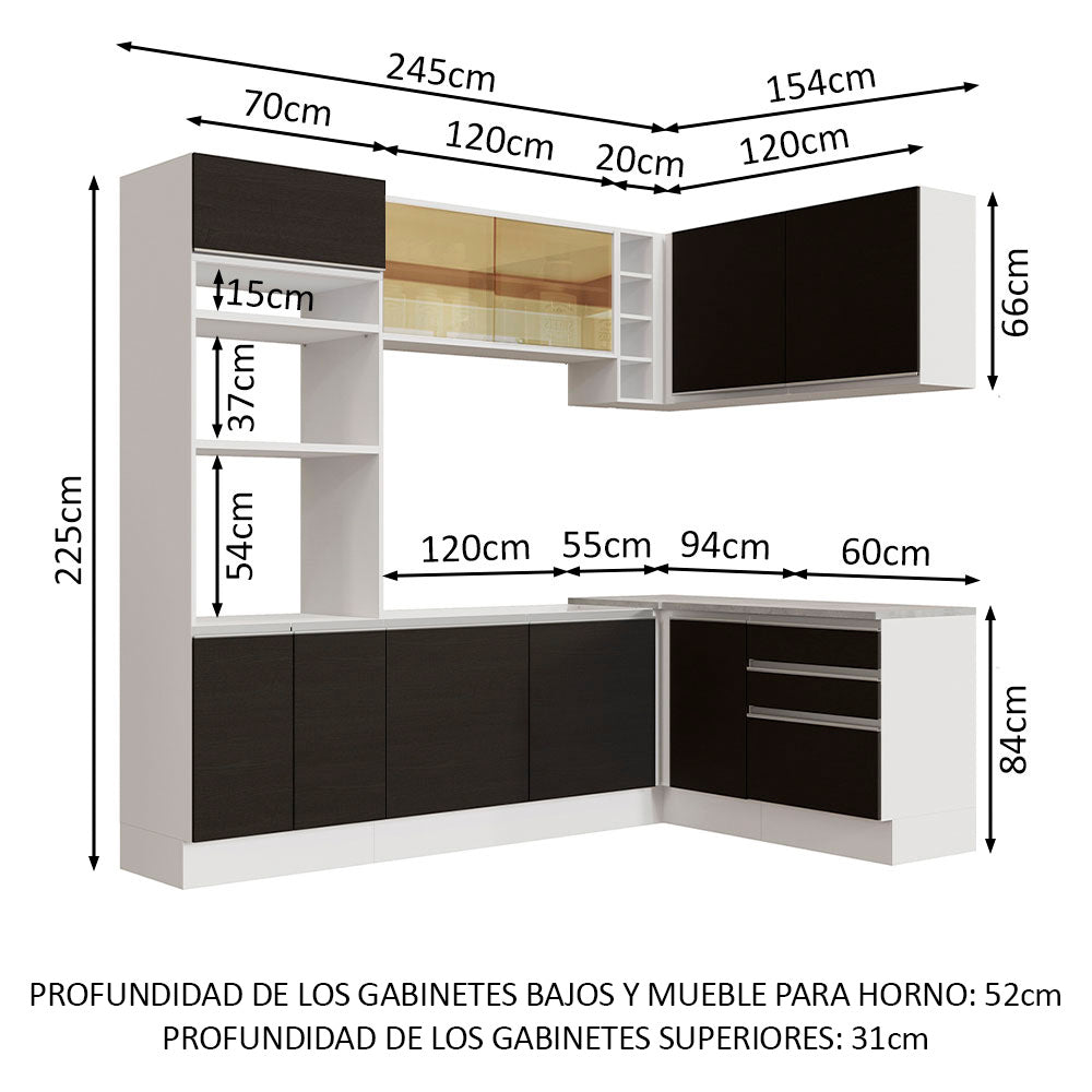 Combo completo de Cocina Esquinera 399 cm 10 Puertas 3 Cajones Sin Mesada Blanco/Negro Glamy Madesa