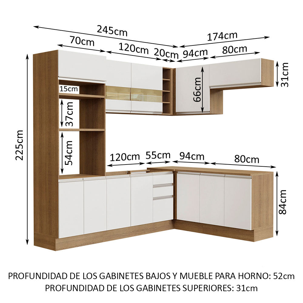 Combo completo de Cocina Esquinera 419 cm 12 Puertas 3 Cajones Sin Mesada Marrón/Blanco Glamy Madesa