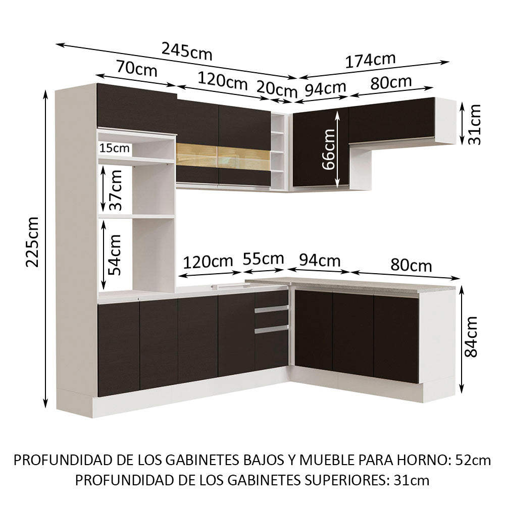 Combo completo de Cocina Esquinera 419 cm 12 Puertas 3 Cajones Sin Mesada Blanco/Negro Glamy Madesa