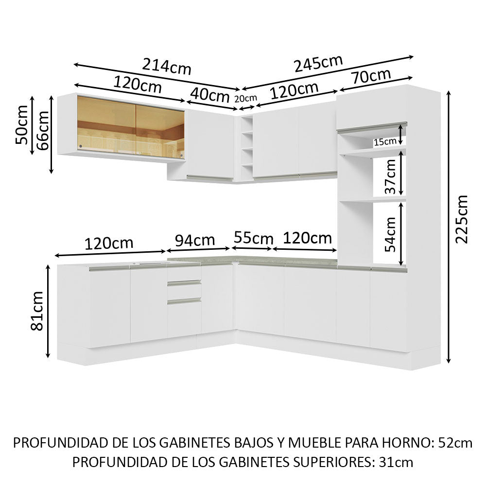 Combo completo de Cocina Esquinera 459 cm 13 Puertas 3 Cajones Sin Mesada Blanco Glamy Madesa