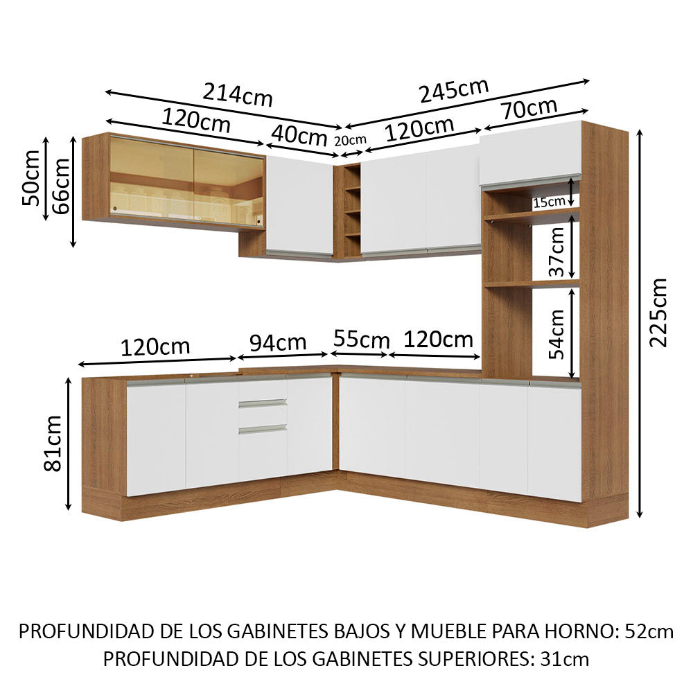 Combo completo de Cocina Esquinera 459 cm 13 Puertas 3 Cajones Sin Mesada Marrón/Blanco Glamy Madesa