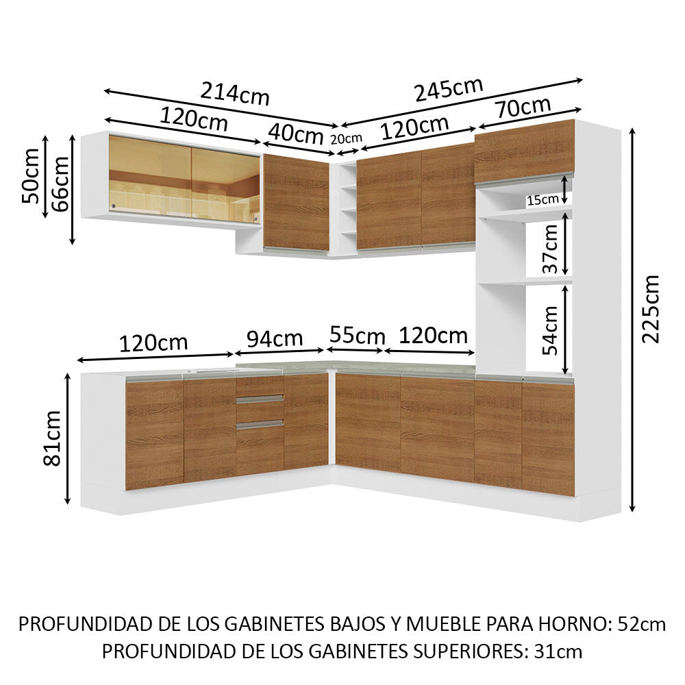 Combo completo de Cocina Esquinera 469 cm 13 Puertas 3 Cajones Sin Mesada Blanco/Marrón Glamy Madesa