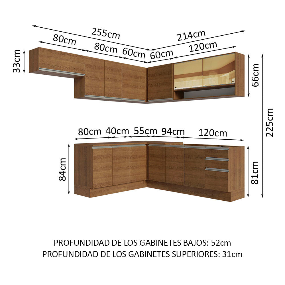 Combo completo de Cocina Esquinera 469 cm 13 Puertas 3 Cajones Sin Mesada Marrón Glamy Madesa