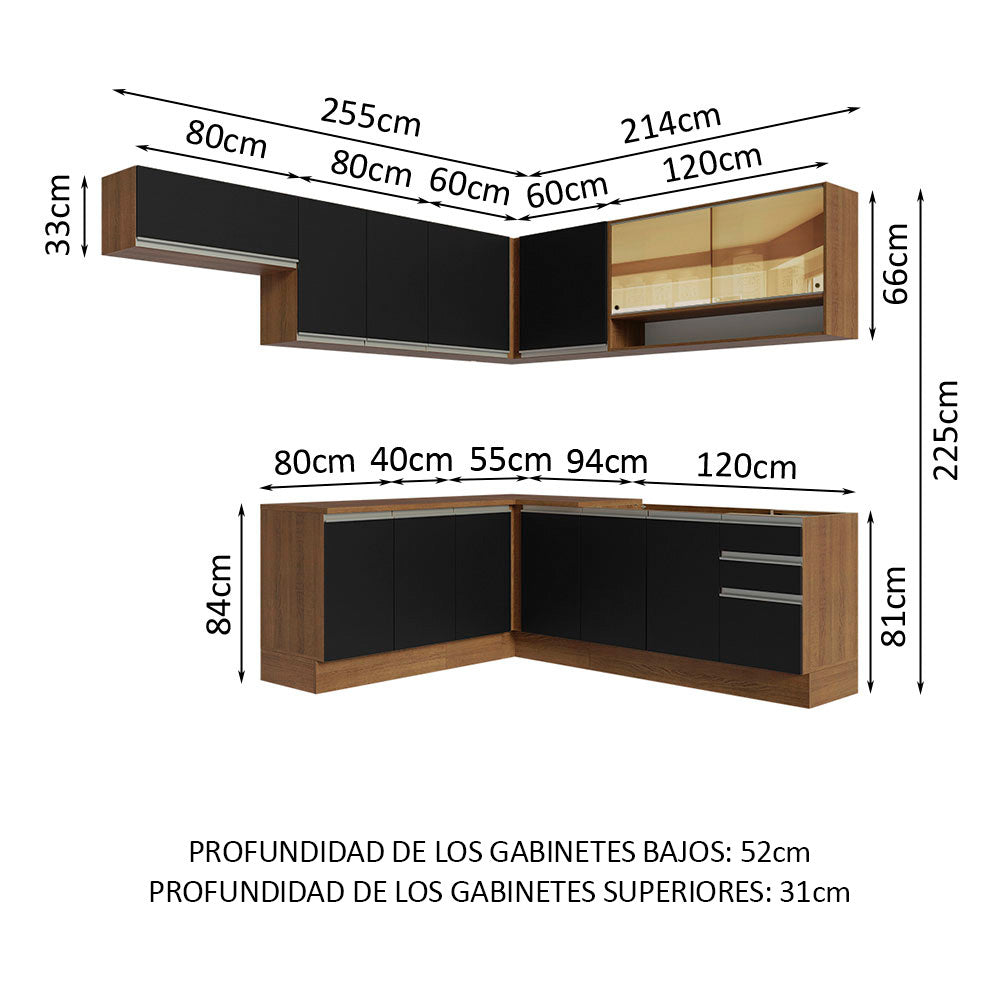 Combo completo de Cocina Esquinera 469 cm 13 Puertas 3 Cajones Sin Mesada Marrón/Negro Glamy Madesa